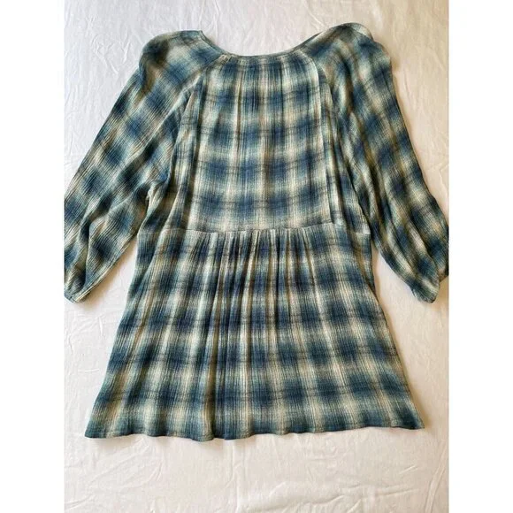 Anthropologie Maeve Women's Small Plaid Tunic Top 100% Rayon Button Front - Picture 2 of 8